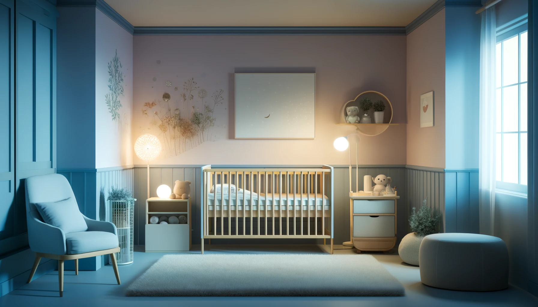 A peaceful nursery with a comfortable crib, soft lighting, and soothing decor to illustrate a sleep-friendly environment for newborns and toddlers.