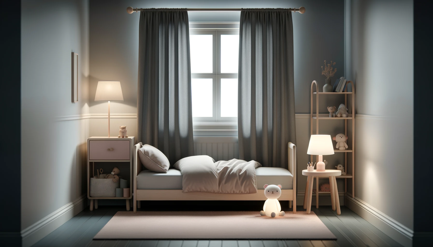 A calm, photorealistic bedroom setup for a toddler, featuring a small bed with soft, pastel-colored bedding, a night light casting a gentle glow, and minimalist decor that encourages relaxation.