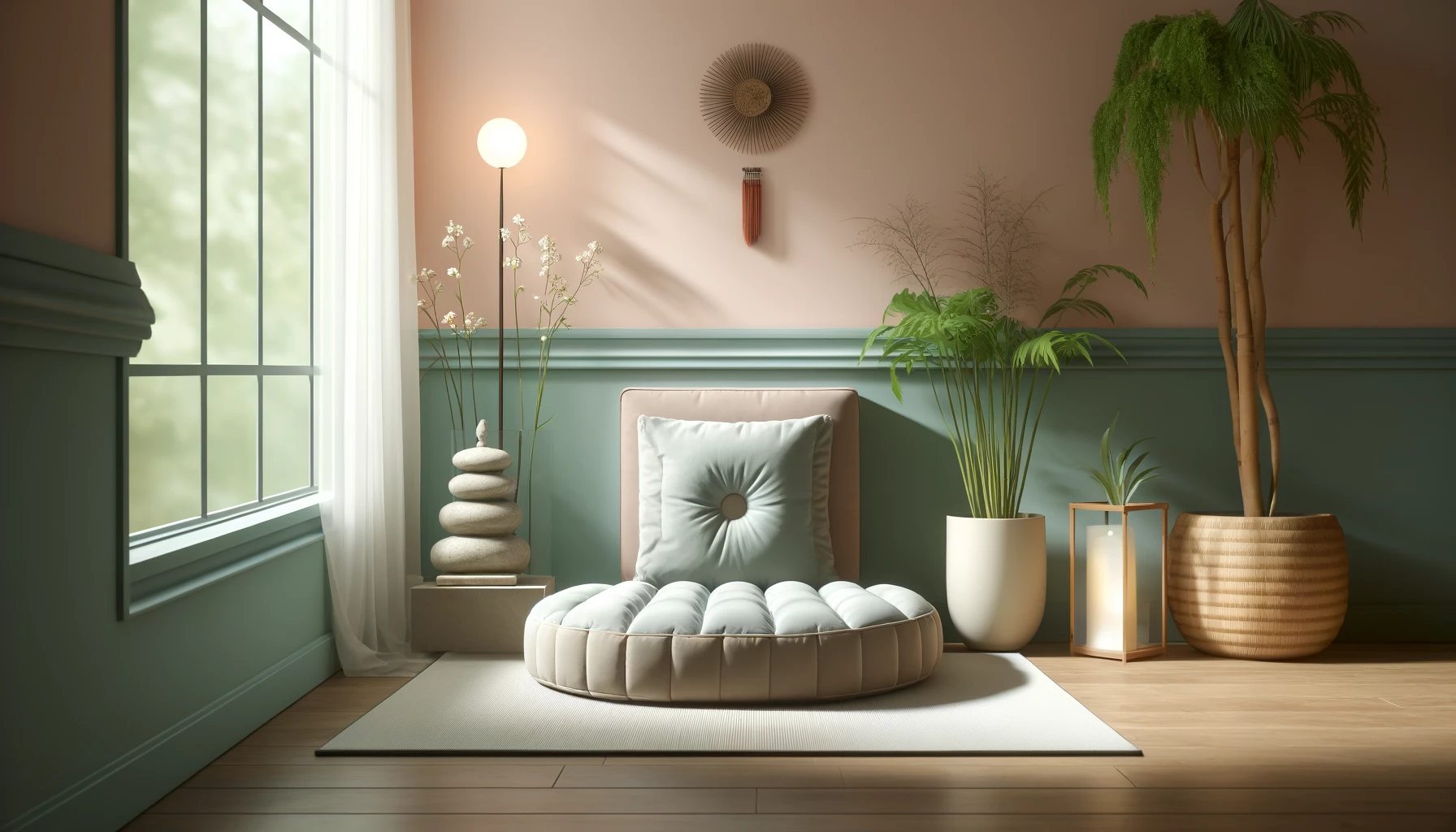 A serene meditation corner in a home setting, featuring a comfortable meditation cushion, soft lighting, and calming decor.