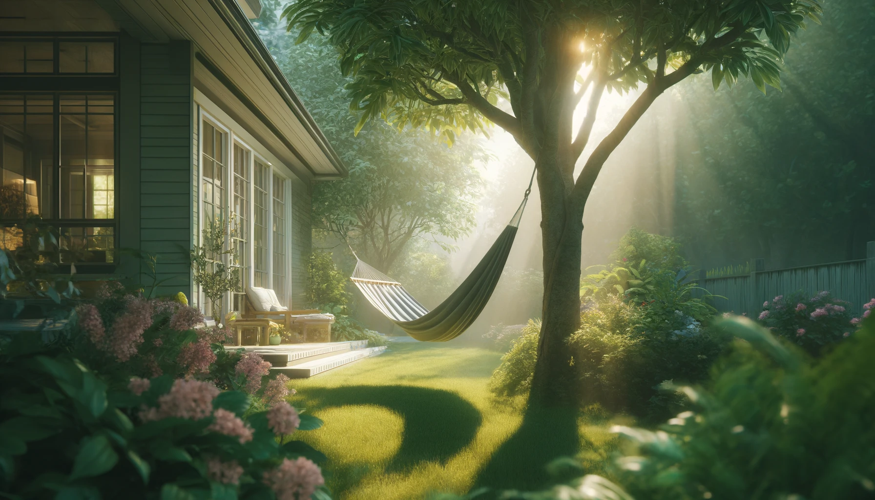 A peaceful nature scene outside a home, with a hammock tied between two trees, soft sunlight filtering through the leaves, and a garden filled with blooming flowers.