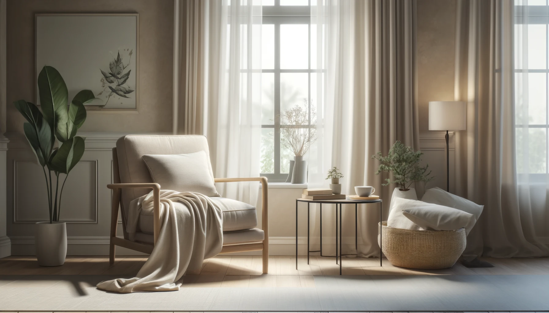 A serene reading nook in a living room, designed for postpartum relaxation.