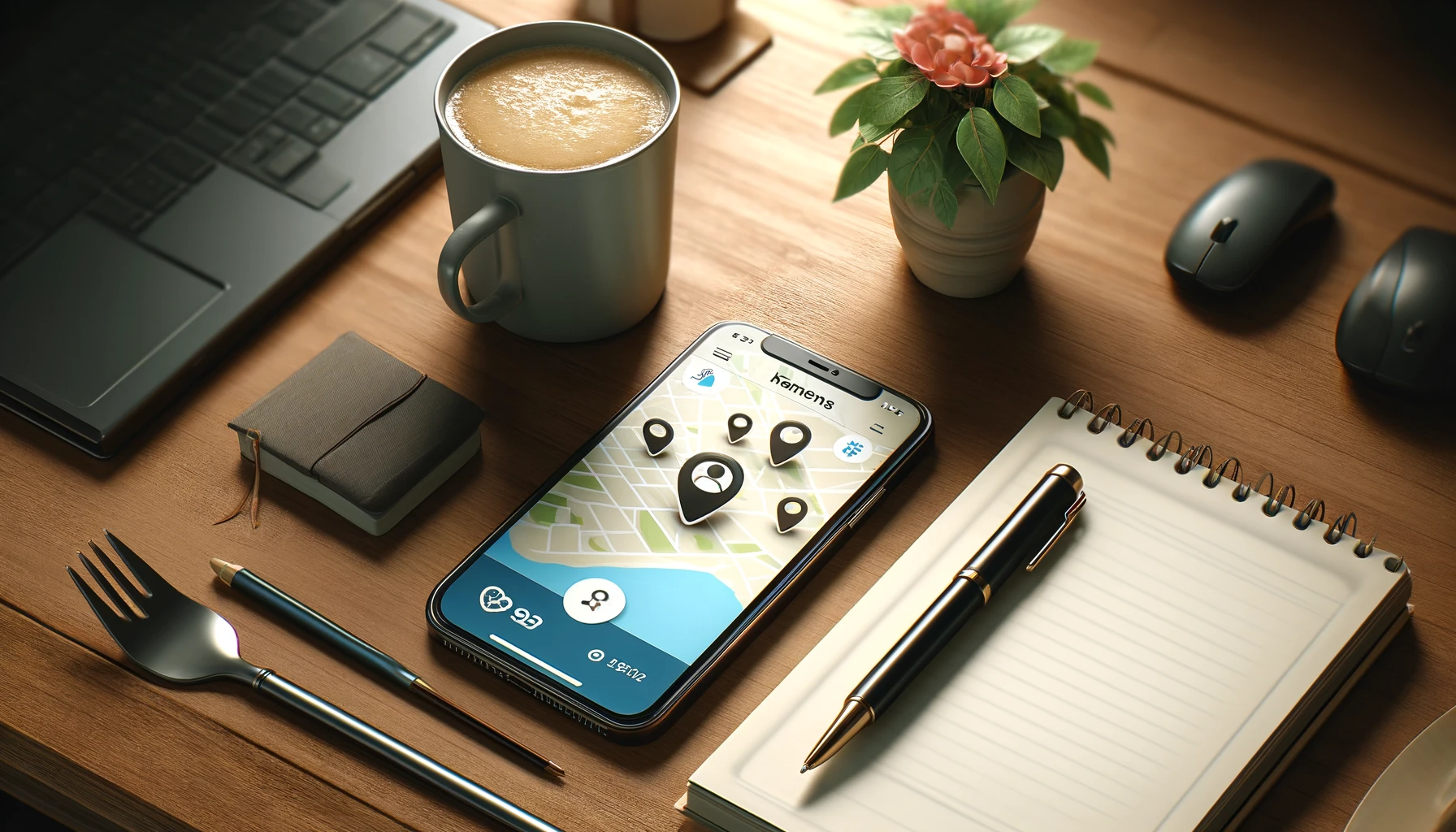 A smartphone is displaying a location-sharing app interface with a map and family members' locations.