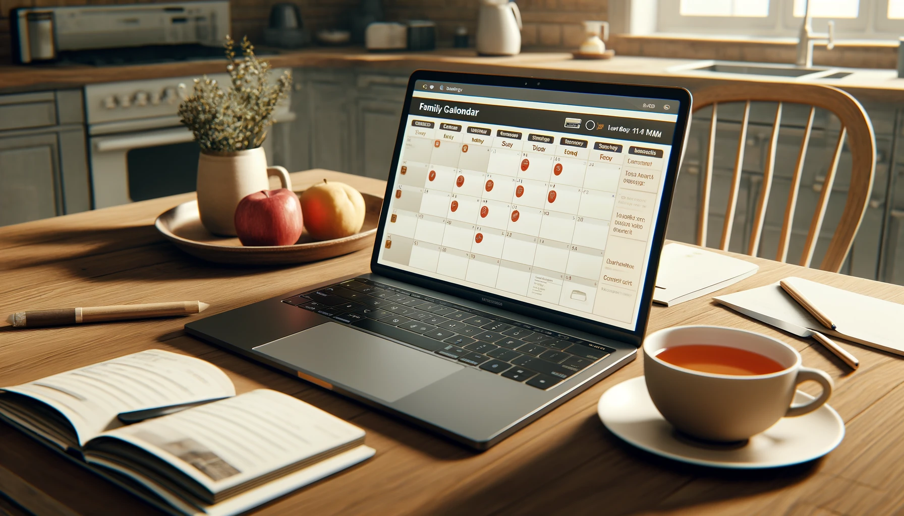 A laptop is opened on a family calendar application, with a highlighted day showing multiple family events.