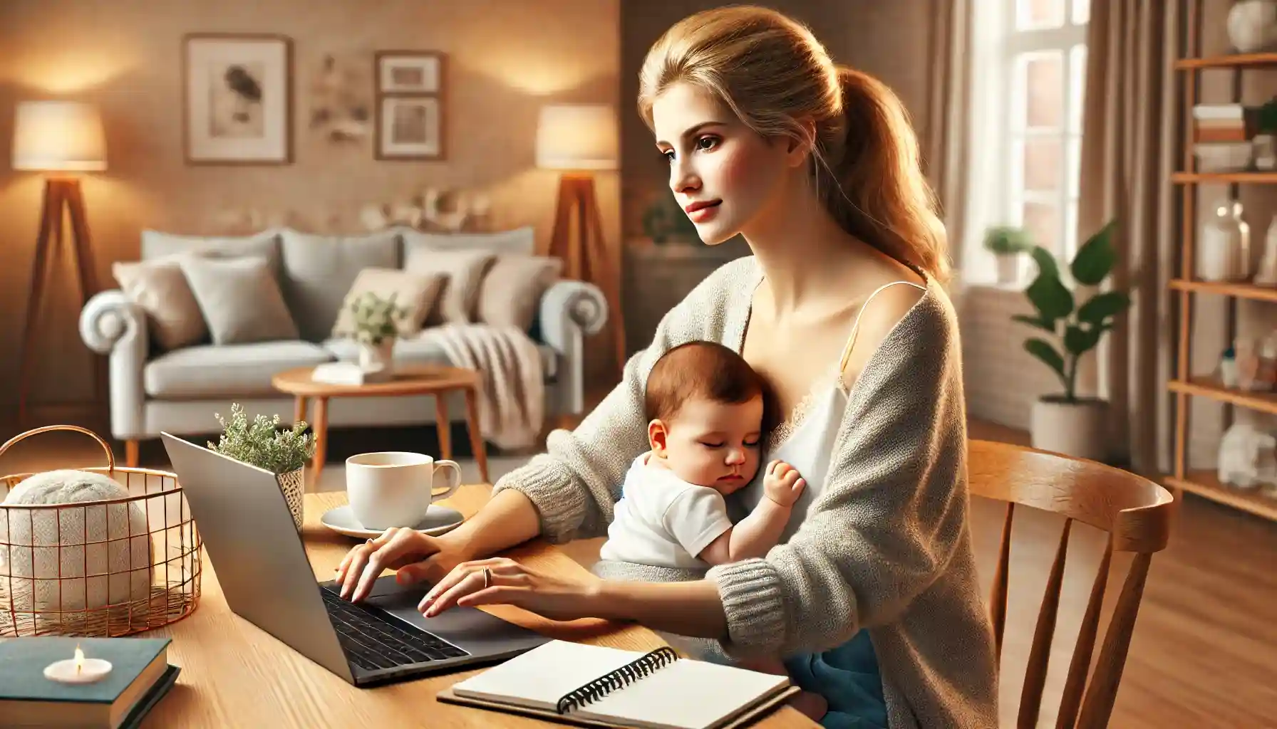 A young mother, surrounded by a laptop, notebook, and a cup of coffee is sitting at a table with her baby in her arms and trying to work remotely.