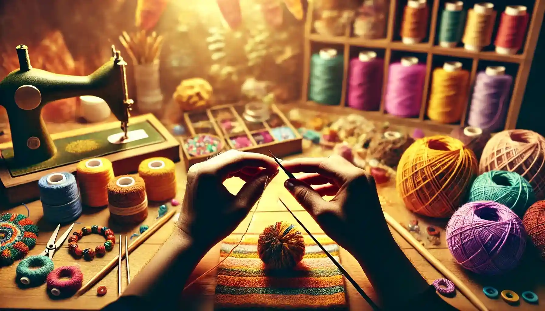 The female hands carefully create handmade items, such as crafting jewelry, sewing a soft toy or knitting a cozy scarf.